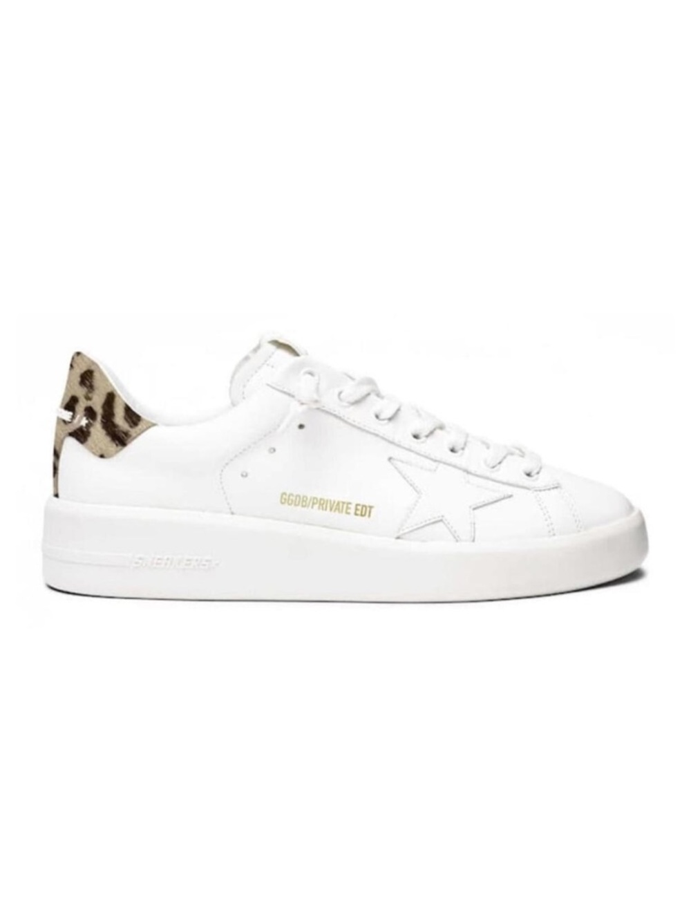 Golden Goose White Leather Low-Top Sneaker with Leopard Heel Accent